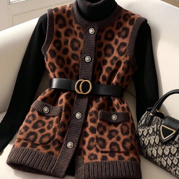 Multicolor Chic Leopard Print Womens Knitted Cardigan Vest Top - Picture 1 of 6